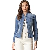 Allegra K Casual Denim Jacket for Women's Classic Stand Collar Long Sleeve Jean Jacket