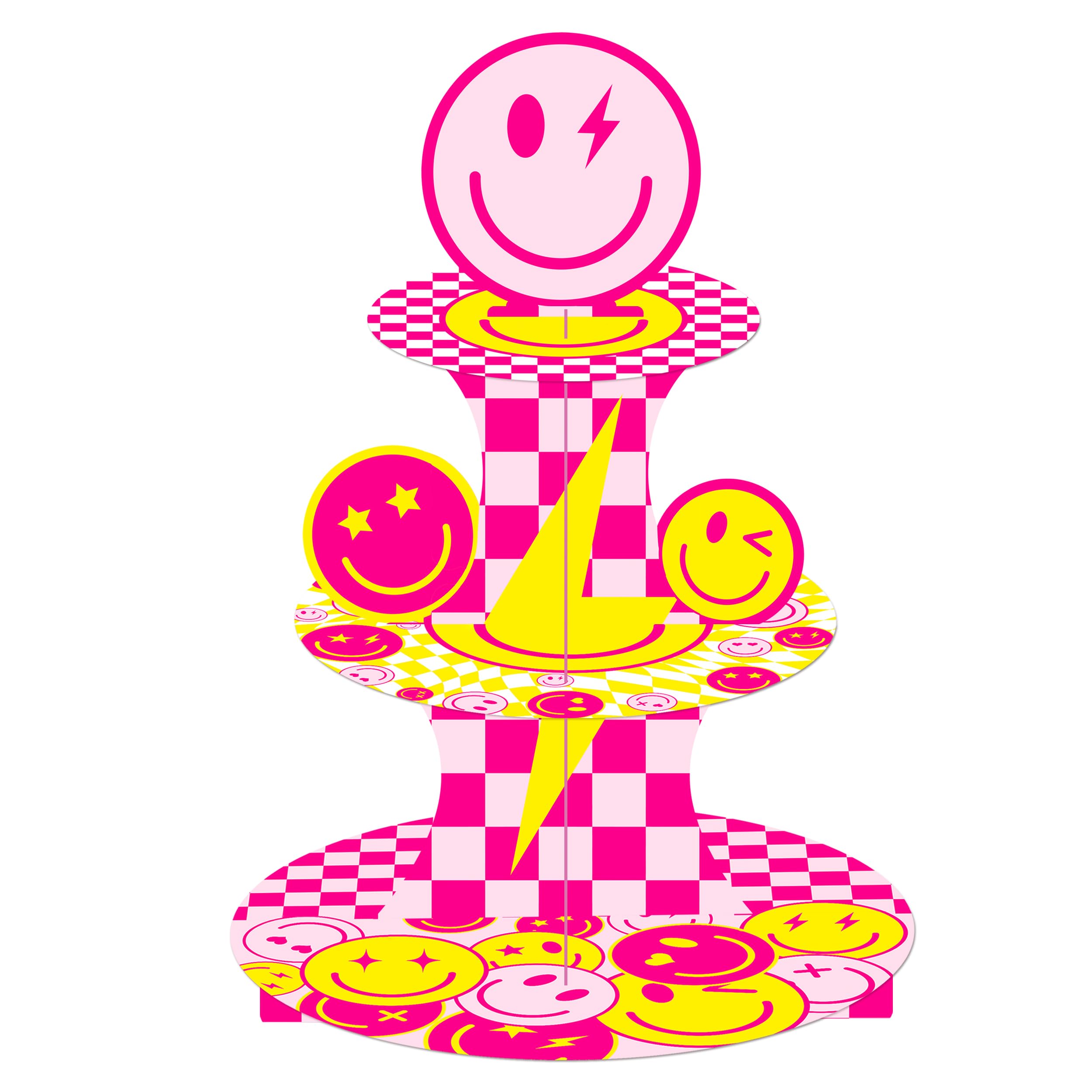 Photo 1 of 3 Tier Smile Face Cupcake Stand for Preppy Birthday Party Decoration Pink Yellow Preppy Smile Face Cupcake Holder Lightning Theme Dessert Tower for Preppy Theme Party Bachelorette Party Supplies
