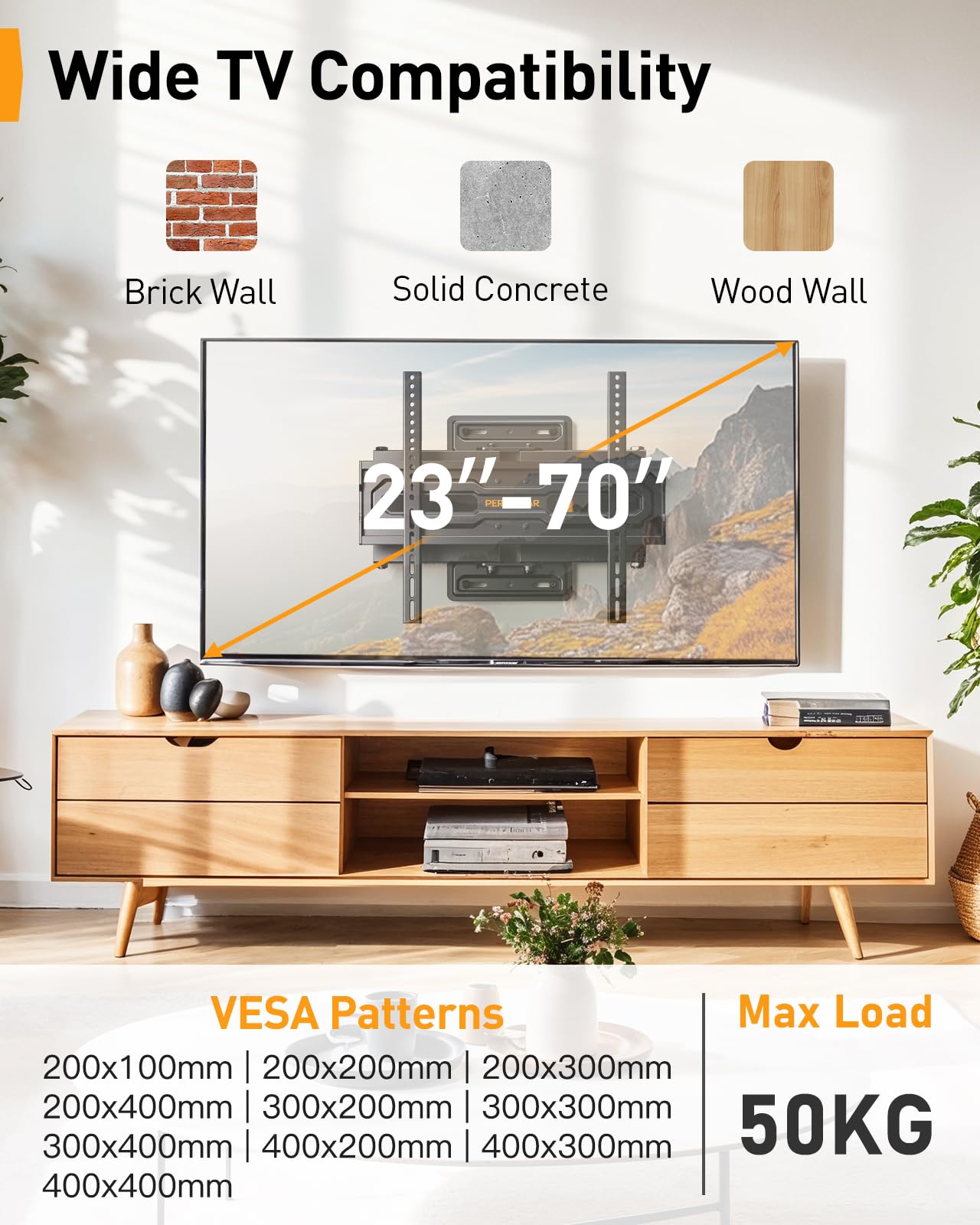 Perlegear TV Wandhalterung für 23-70 Zoll TVs bis 50 kg, Höhenverstellbare Wandhalterung Fernseher mit Schnelle Neigungsverstellung, Fernseher Halterung 55 Zoll Schwenkbar, Max VESA 400x400 mm 2