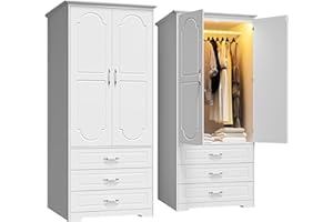 FJTJBSI Wooden Armoire Wardrobe Closet with 3 Drawers and LED Light 72" Modern Bedroom Armoire with Retro Ceramic Door Handles Wardrobe Cabinet with Removable Hanging Rod White