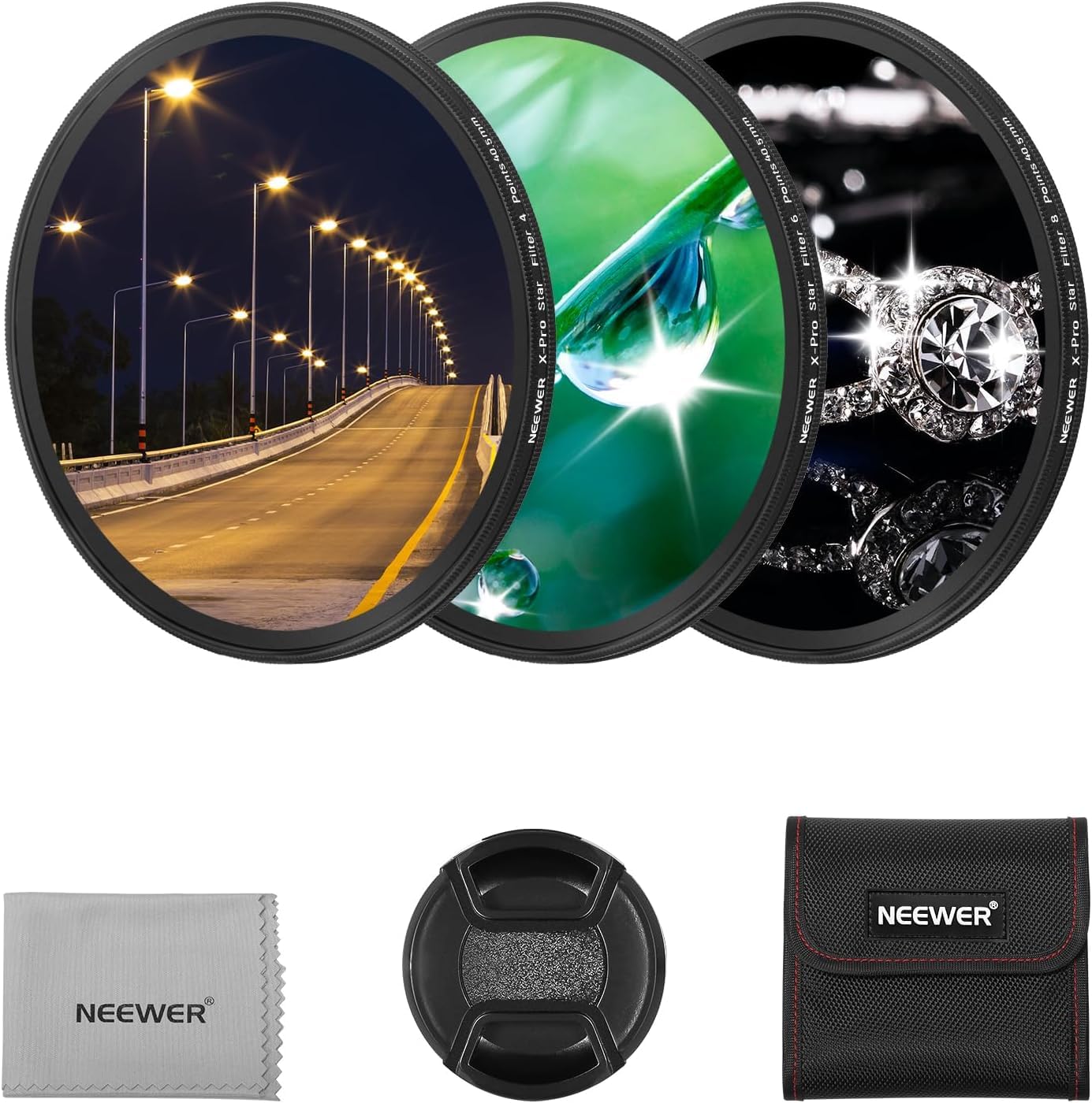 NEEWER 3PCS 40.5mm Star Filters, Adjustable Cross Screen Star Effect Filter (4, 6, 8 Points) with Ultra Slim Aluminum Alloy Frame, HD No Dark Corners with Double Sided Nano Coatings
