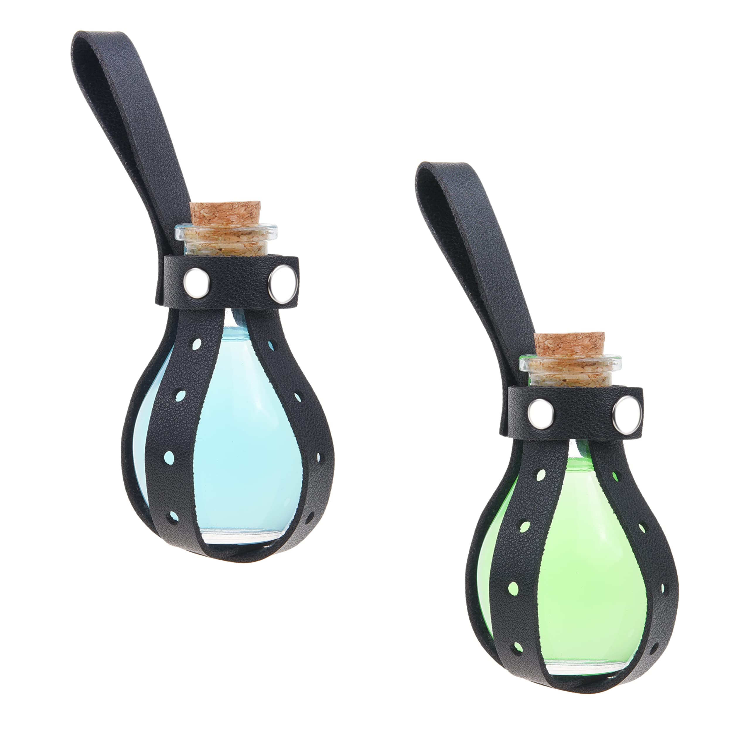 ECO-FUSED Small Cosplay Potion Bottle 2x - Clear Spherical Cosplay, Wizard, Witch Costume Accessory - Includes Cork Stopper, Black Faux Leather Sleeve Holder, Belt Loop