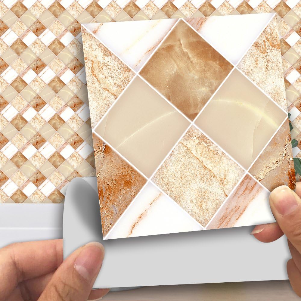 Tile Sticker for Kitchen & Bathroom Waterproof Anti-Mold Backsplash Tile Sticker 4x4 Inch Diamond Marble Mosaic Decals for Walls Stairs Deacoration 18PCS