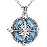 POPLYKE Sterling Silver Compass Pendant Necklace with Created Opal Inspirational Necklace for Women Men