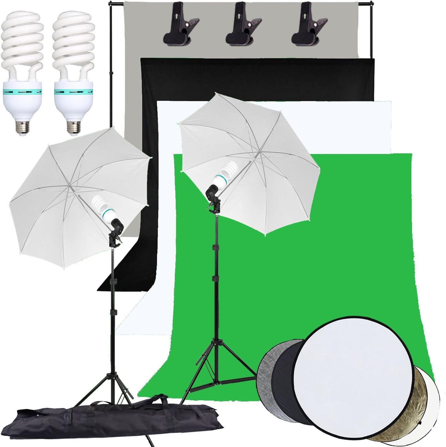YISITONG Photogroup Studio Continuous Lighting Kit, 2x3M Background Tripod Support Stand,4 Backdrops (White,Green,Black, Gray),2 Umbrellas,2x 135W Light Set, 60cm 5 in 1 Reflector Panel
