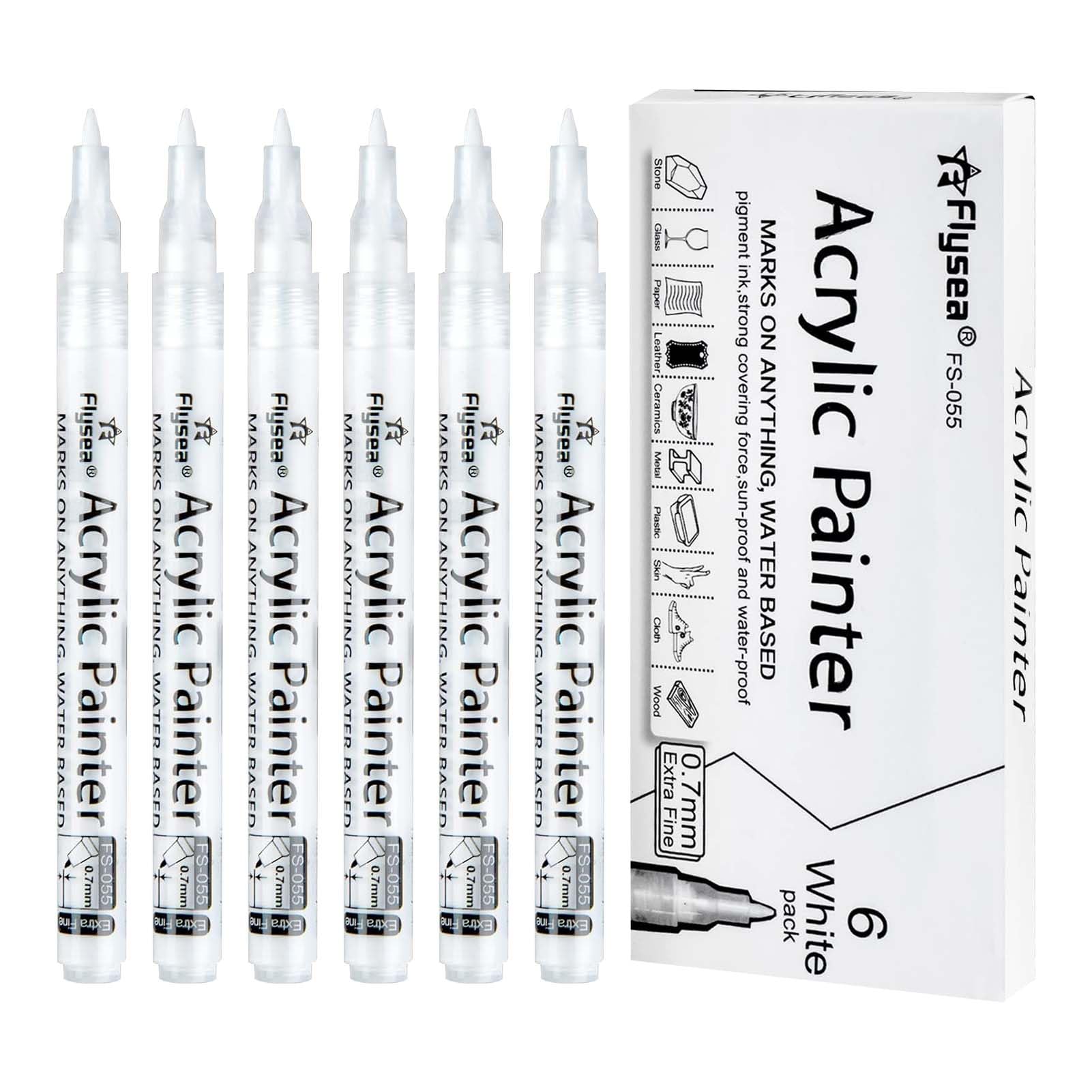 Solbrezeni 6 Pcs White Acrylic Paint Pens, White Permanent Markers, Art Whites Markers, 0.7mm Fine Point, for Art, Wood, Rock Painting, Plastic, Ceramic, Glass and Fabric DIY Drawinga