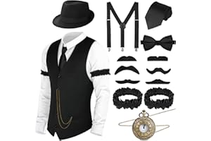 ZITURI 1920s Mens Costume - Roaring 20s Costumes for Men - Gangster Vest Hat Pocket Watch Suspenders