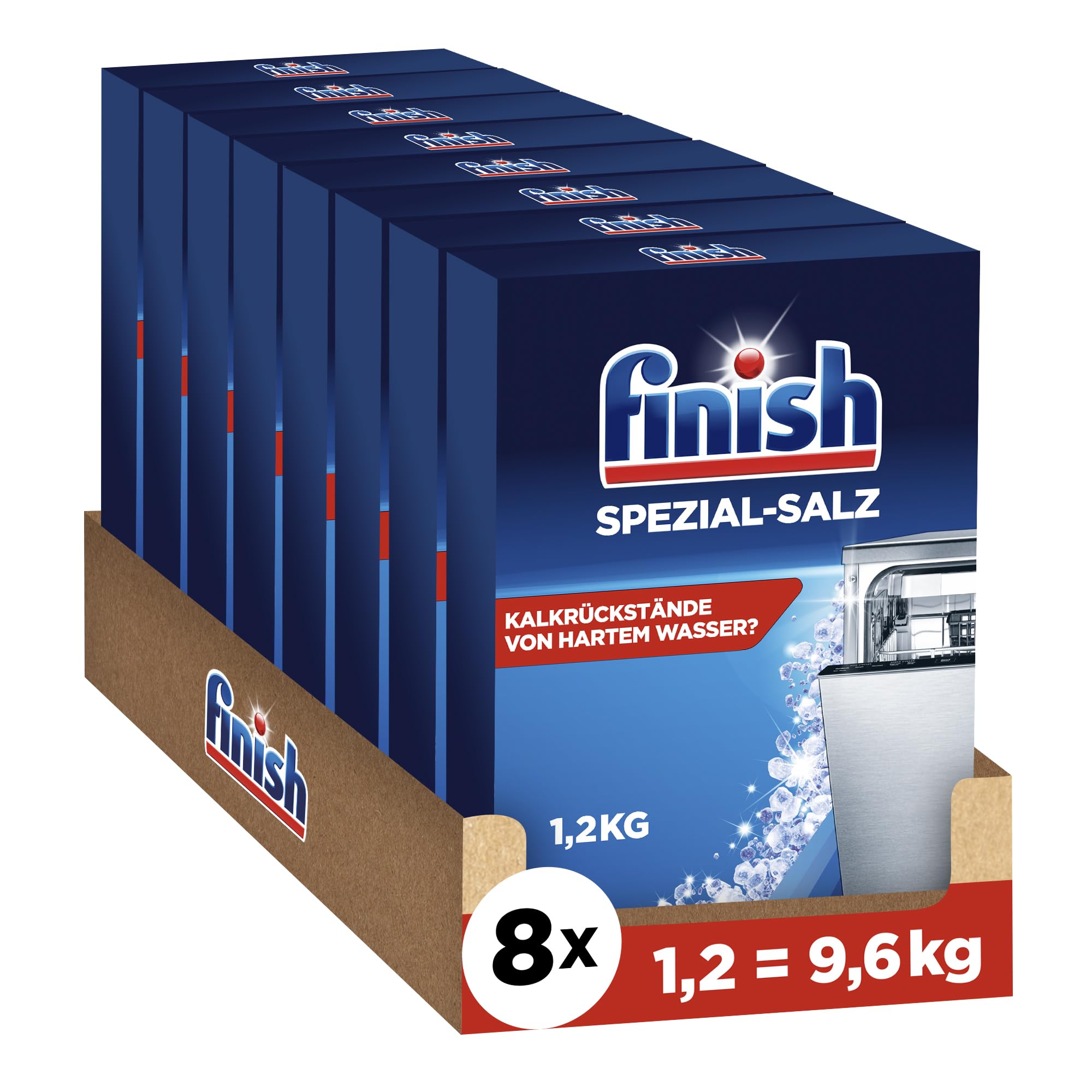 Finish Spezial-Salz, Spülmaschinensalz zum Schutz vor Kalkablagerungen und Wasserflecken, Multipack mit 8 x 1,2 kg