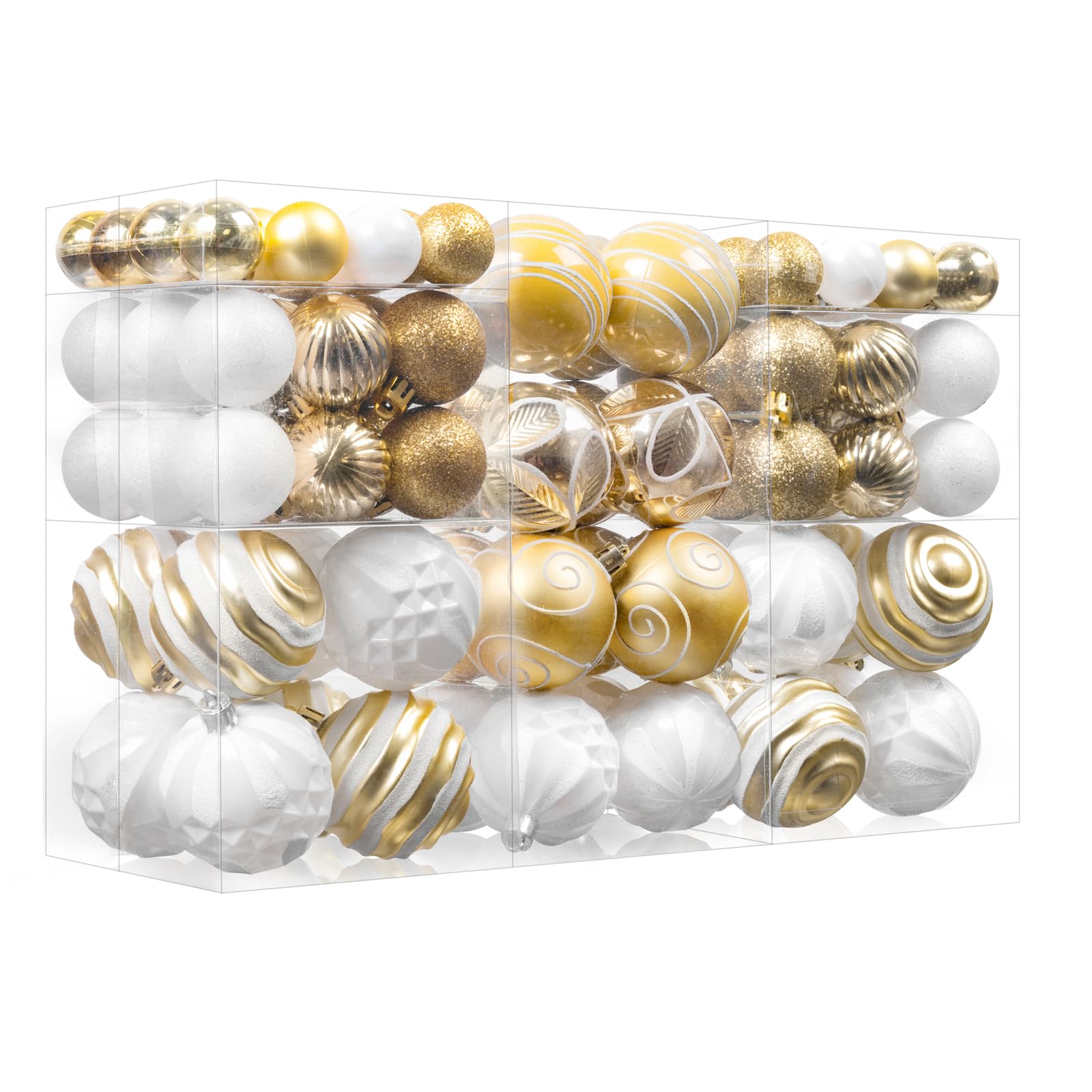 Photo 1 of 100Pcs Christmas Ball Ornaments Set, Shatterproof Plastic Gold and White Christmas Ornaments for Xmas Tree, Assorted Baubles Hanging Decorations for Holiday/Party/Wedding