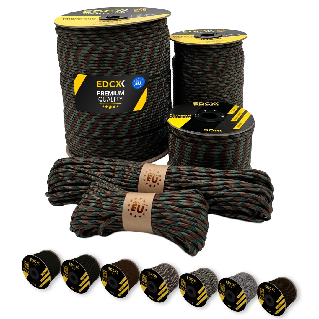 EdcX Paracord 4mm, 20+ Military Colors (15m, 30m, 50m, 100m, 300m) | Ideal for Camping, Survival, Outdoor, Crafting, DIY | 100% Nylon Rope 4mm | Tactical Cord 550 Type III (Menthol Chocolate, 15 m) — image 1