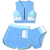 AGAPENG Girls Swimsuit 3 Piece Color Block Zipper Front Bathing Suit Bikini Set with Shorts Sporty Girls' Swimwear 7-16 Years