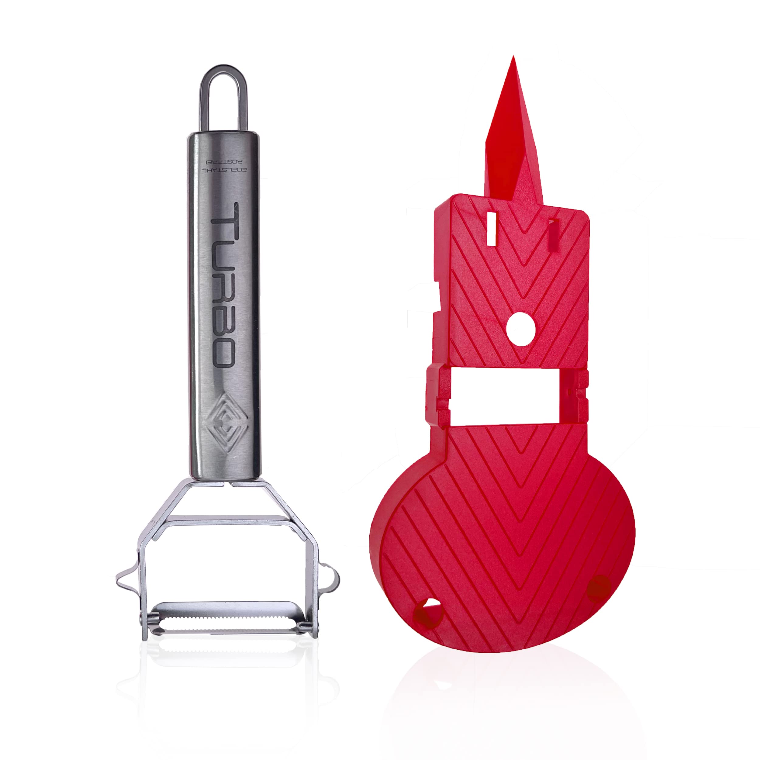TURBO PRODUKTE Turbo Peeler Combi Plus Universal Peeler incl. Slicing Board – Cuts Forward and Backward – for Left- & Right-Handed Users – 4-in-1 Function