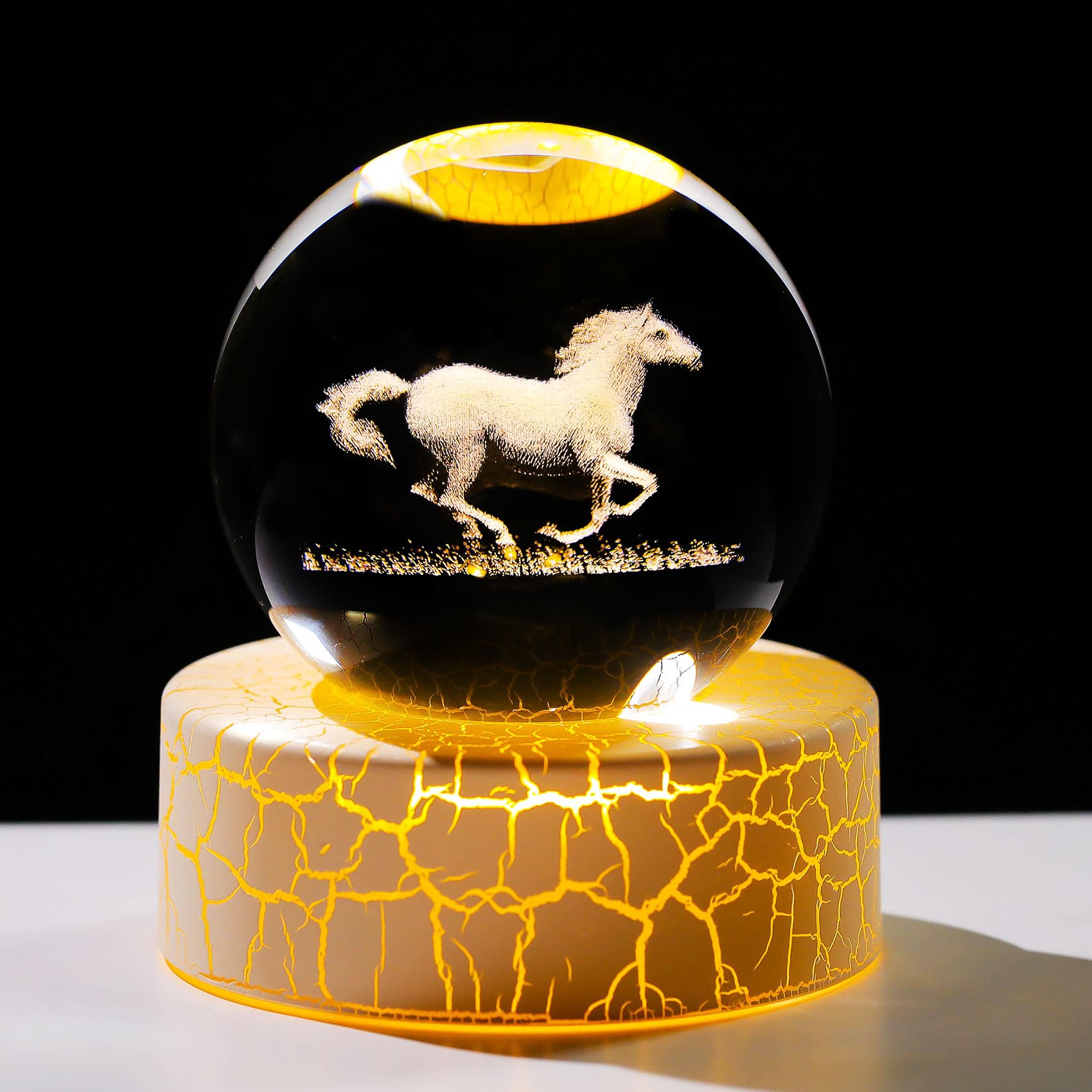 60mm Crystal 3D Horse Ball with Warm Light Stand Glass Sphere Gifts for Horse Lovers, Collectible Figurine Paperweight Ornaments