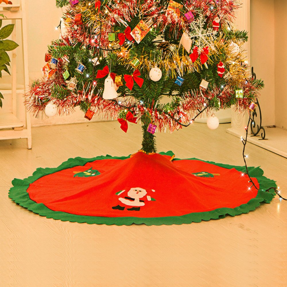 Christmas Xmas Tree Skirt, Plus Red Green Felt Fabric Tree Decor with Gold Trim 36 inches Large Festival Decoration for Merry Christmas Party Christmas Gift Giving & 2 Tree Pendant Ornaments