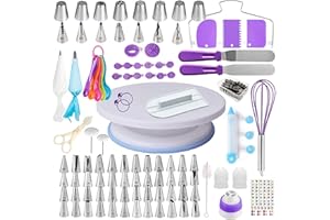 BESUNTEK Cake Decorating Supplies Kit with Turntable, 137 Pcs Reusable Stainless Steel Professional Cake Decorating Kit, Pipi