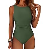 ANRABESS Women Swimsuits One Piece Tummy Control Full Coverage Backless Bathing Suit Ruched Swim Suit Beach Vacation Swimwear