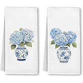 Yjeslw Chinoiserie Hydrangea Kitchen Towels, Blue and White Porcelain Floral Hand Dish Towels Decor, Blue Hydrangea Grandmillennial Tea Towel for Kitchen Bathroom Decorative, 16x24 Inch Set of 2