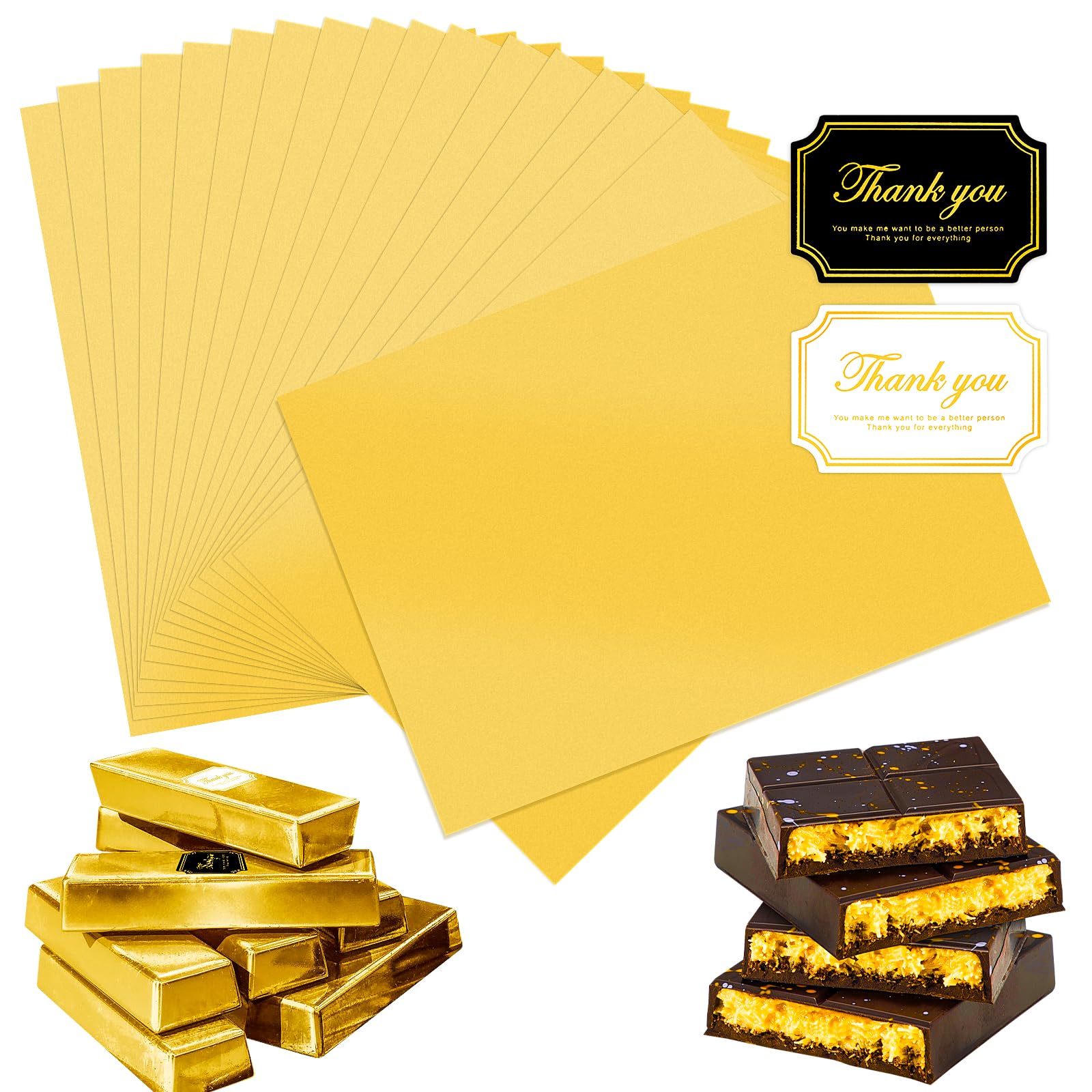 Photo 1 of Dreamtop 100PCS Large Dubai Chocolate Bar Pistachio Wrappers Packaging with Stickers, 11 x 7.9 inch Chocolate Bar Gold Aluminum Foil Wrapper for Candy, Caramel, Granola Bar