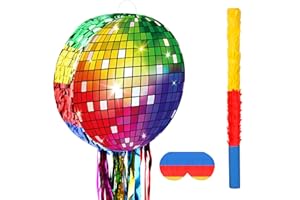 Abilat Colorful Disco Ball Pinata with Stick and Blindfold 80s 90s Theme Party Decorations Disco Pinata for Birthday Weddings Roller Skating Party Supplies
