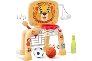 HYES 3 in 1 Toddler Basketball Hoop & Soccer Goal & Baseball, Activity Center Baby, Montessori Baby Toys 6-12 Months, Indoor 