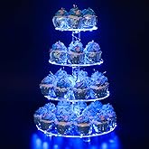 YestBuy 4 Tier Round Cupcake Stand – Premium Cupcake Holder – Acrylic Cupcake Tower Display- Cady Bar Party Décor + LED Light String – Ideal for Weddings, Birthday Parties & Events (Blue)