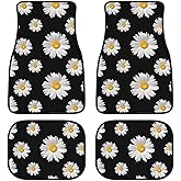 Daisy Car Floor Mats Set of 4,Daisy Print Flowers Design Black Vehicle Front Rear Carpets Mats Floral Decor Car Floor Carpets Rugs Non-Slip Auto Car Accessories Universal Fit for Car SUV Van Truck