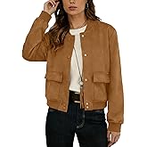 GRECERELLE Womens Faux Suede Leather Bomber Jacket Cropped Button Down Long Sleeve Casual Varsity Baseball With Pockets