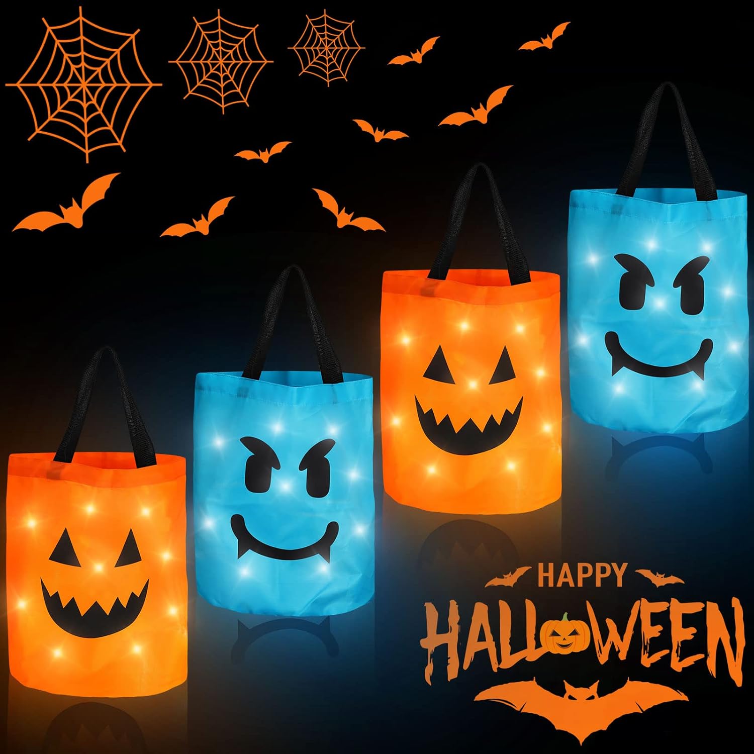 Holiday Décor Storage - 4 Pcs LED Light Halloween Candy Bags Light up Trick or Treat Bags Reusable Pumpkin Bucket Multipurpose Halloween Baskets for Kids Halloween Birthday Party Goody Favors, Blue and Orange