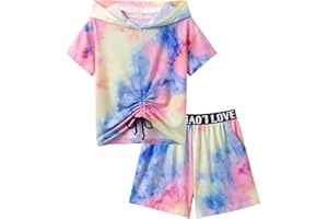 Hopeac Girls 2 Piece Outfits Tie Dye Shirt Shorts Set Short Sleeve Hoodie Drawstring Summer Clothes with Pockets