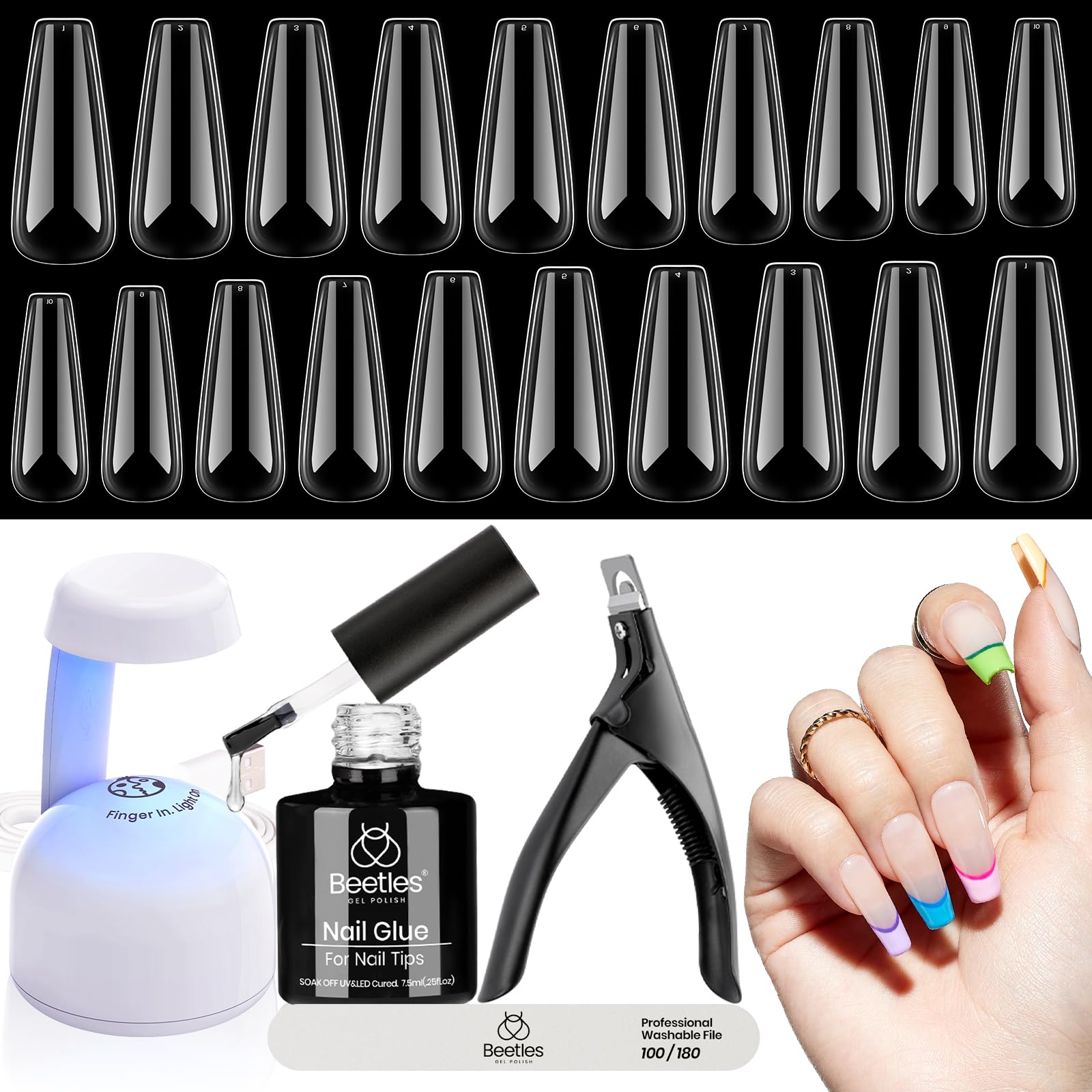 Beetles Gel Nail Kit Easy Nail Extension Set 240 PCS Pre-Shaped Long Coffin Soft Gel Nail Tips with 5-in-1 Nail Glue Base Coat & LED Nail Lamp Acrylic Nails for Nail Art & DIY Home Manicure