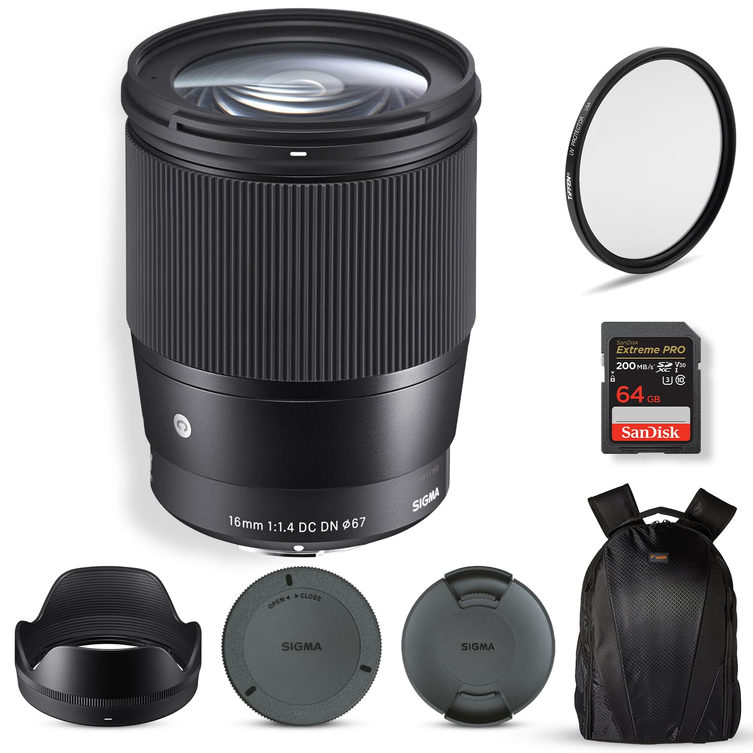 Sigma 16mm f/1.4 DC DN Contemporary Lens for Sony E | APS-C Format, Super Multi-Layer Coating, Weather-Sealed, Tiffen 67mm UV Protector Filter, 64GB Extreme PRO Memory Card, and Camera Bag Bundle