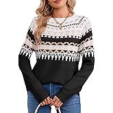 Drvitor Women's Vintage Fair Isle Pullover Sweater Casual Fit Dressy Crewneck Long Sleeve Lightweight Knit Tops