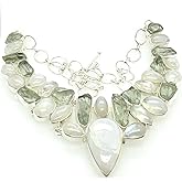 Natural Rainbow Moonstone, Green Amethyst 925 Sterling Silver Necklace 16"