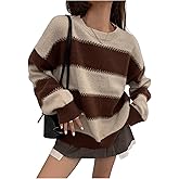 SweatyRocks Women's Striped Sweater Vintage Color Block Chunky Cozy Sweaters Winter Clothing
