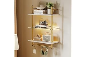 Bestier 24” Floating Shelves with LED Lights for Wall, 3 Tier Wall Mounted Glass Shelves with 8 Hooks, Coffee Bar Shelf Hanging Display Rack for Living Room Kitchen Bathroom, White & Gold