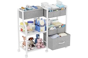 Baby Diaper Caddy Organizer and Storage, 3 Tier Rolling Cart with Dividers and Drawers, Bedside Utility Cart for Nursery Esse