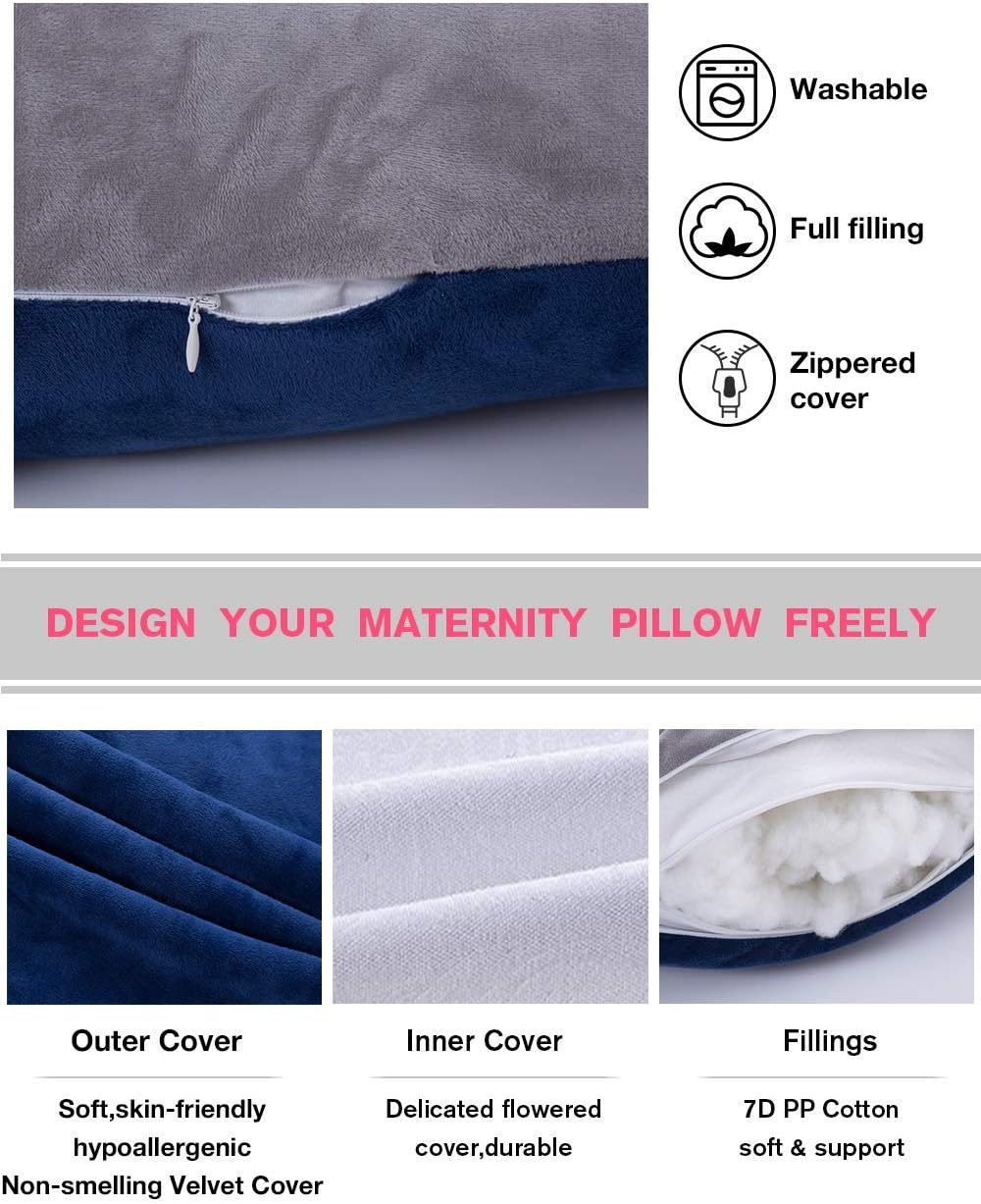 AS AWESLING Pregnancy Pillow, U Shaped Full Body Pillow, Nursing, Support and Maternity Pillow for Pregnant Women with Removable Velvet Cover (Grey Blue): Home & Kitchen