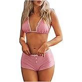 SweatyRocks Women's 2 Piece Striped Bikini Set Halter Triangle Bikini Top with Boyshort Swimsuits