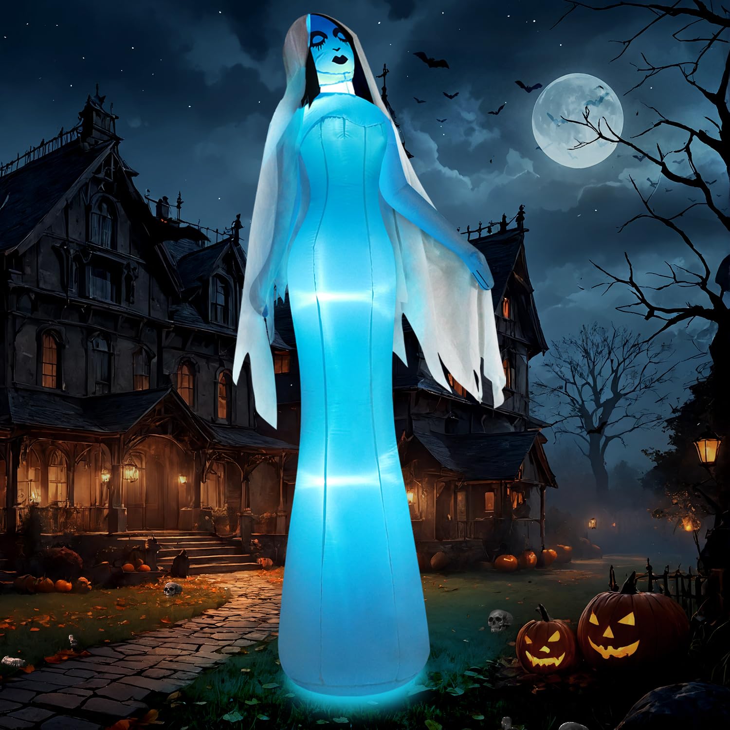 Photo 1 of zukakii 12FT Giant Halloween Inflatables Ghost Bride, Halloween Decorations Outdoor Blow Up Yard Decorations Built-in Whole-Body Blue Glowing LED Lights Huge Halloween Blowups for Outdoor Holiday
