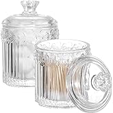 rejomiik 2 Pack Qtip Holder Glass Apothecary Jars with Lids Bathroom Accessories Vanity Organizers and Makeup Storage Canister for Cotton Swabs, Balls, Pads, Floss Picks, Candy, Clear