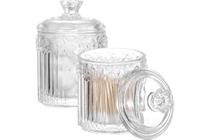 REJOMIIK 2 Pack Qtip Holder Glass Apothecary Jars with Lids Bathroom Accessories Vanity Organizers and Makeup Storage Canister for Cotton Swabs, Balls, Pads, Floss Picks, Candy, Clear
