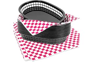 HSLIFE 120 Sheets Pink Checkered Deli Liners and 12 Black Fast Food Baskets, Classic Deli Baskets with Pink Checkered Dry Waxed Deli Paper(12'')