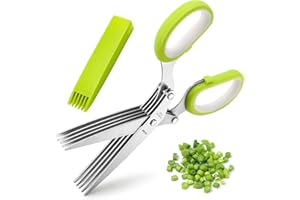 Herb Scissors, X-Chef Multipurpose 5 Blade Kitchen Herb Shears Herb Cutter with Safety Cover and Cleaning Comb for Chopping B