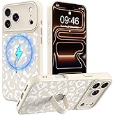 MOWIME Magnetic for iPhone 17 Pro Max Case with Finger Strap, Compatible with Magsafe, Cheetah Print Pattern for Women Girls, Slim Shockproof Soft TPU Case for iPhone 17 Pro Max 6.9 Inch, White