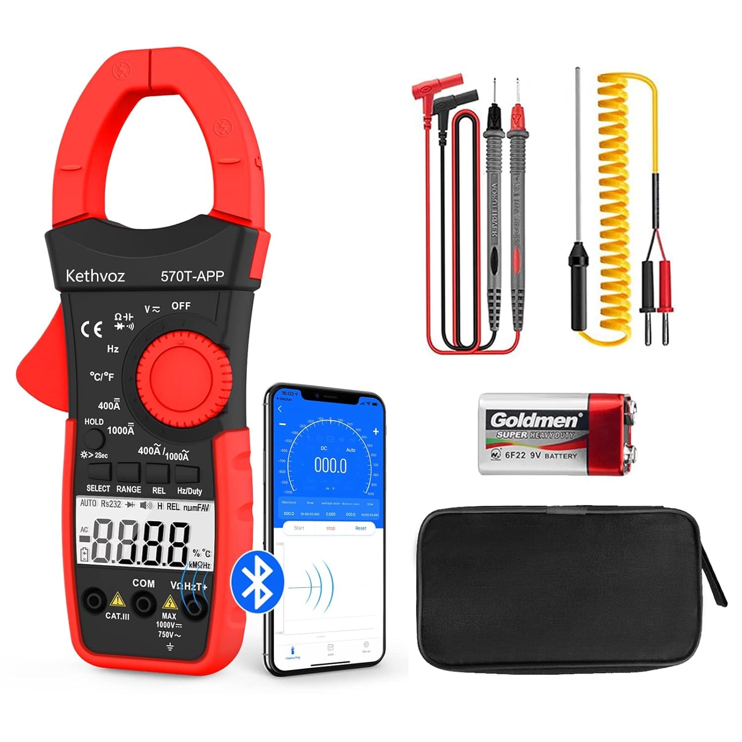 Digital Multimeter Clamp Meter TRMS 4000 Counts Kethvoz Volt Meter, with Bluetooth Auto Range Measure AC/DC Voltage Current Resistance Capacitance Frequency Temp Electric Meter Tester 570TAPP