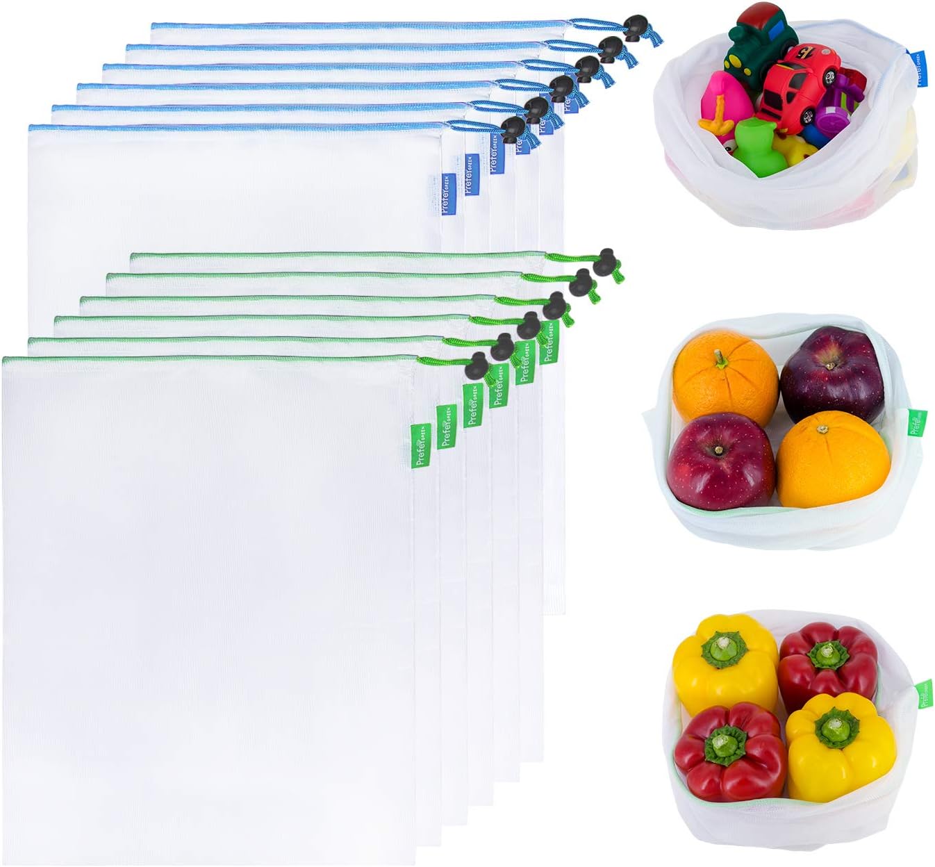 Prefer Green 12PCS Reusable Produce Bags, Premium Zero Waste Mesh Bags for Storage Fruit Vegetables, Eco-Friendly With Colorful Tare Weight on Tags, 2 Sizes