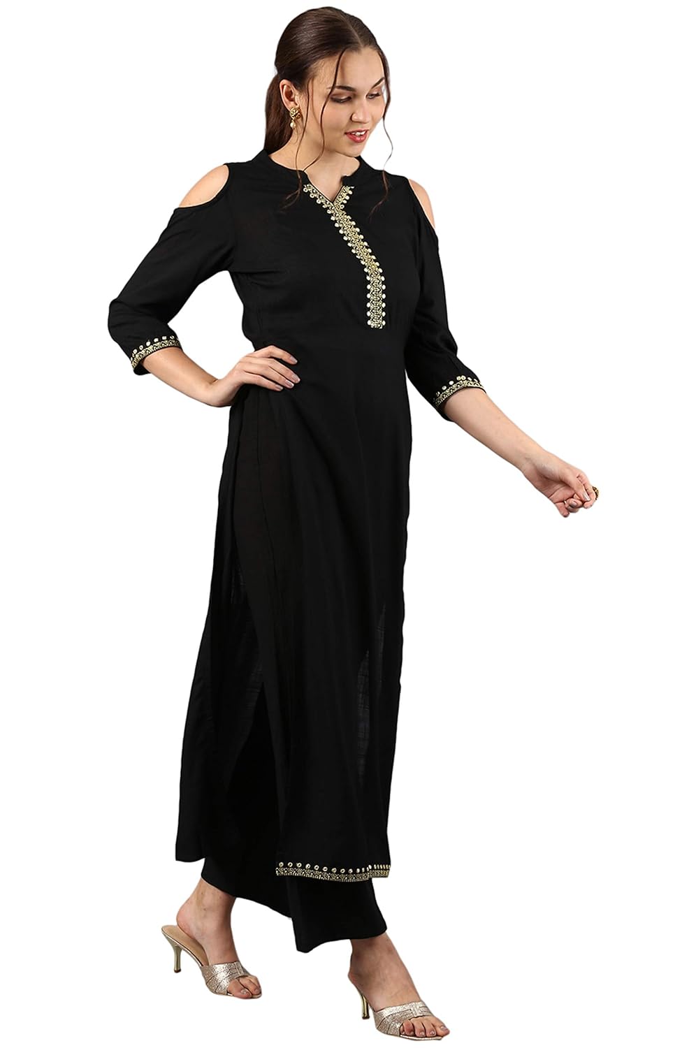 janasya women's rayon mirror work straight kurta with palazzo