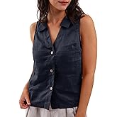 Amazhiyu Women's 100% Linen Summer Sleeveless Button-Down Tops Slight Crop Vest