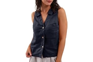 Amazhiyu Women's 100% Linen Summer Sleeveless Button-Down Tops Slight Crop Vest