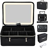 Faquenc 11.4 Inch Extra Large Makeup Bag with LED Lighted Mirror Leather Cosmetic Train Case Light up Mirror Portable Makeup Artist Storage Bag with Dividers Makeup Brush Holder Vanity Black